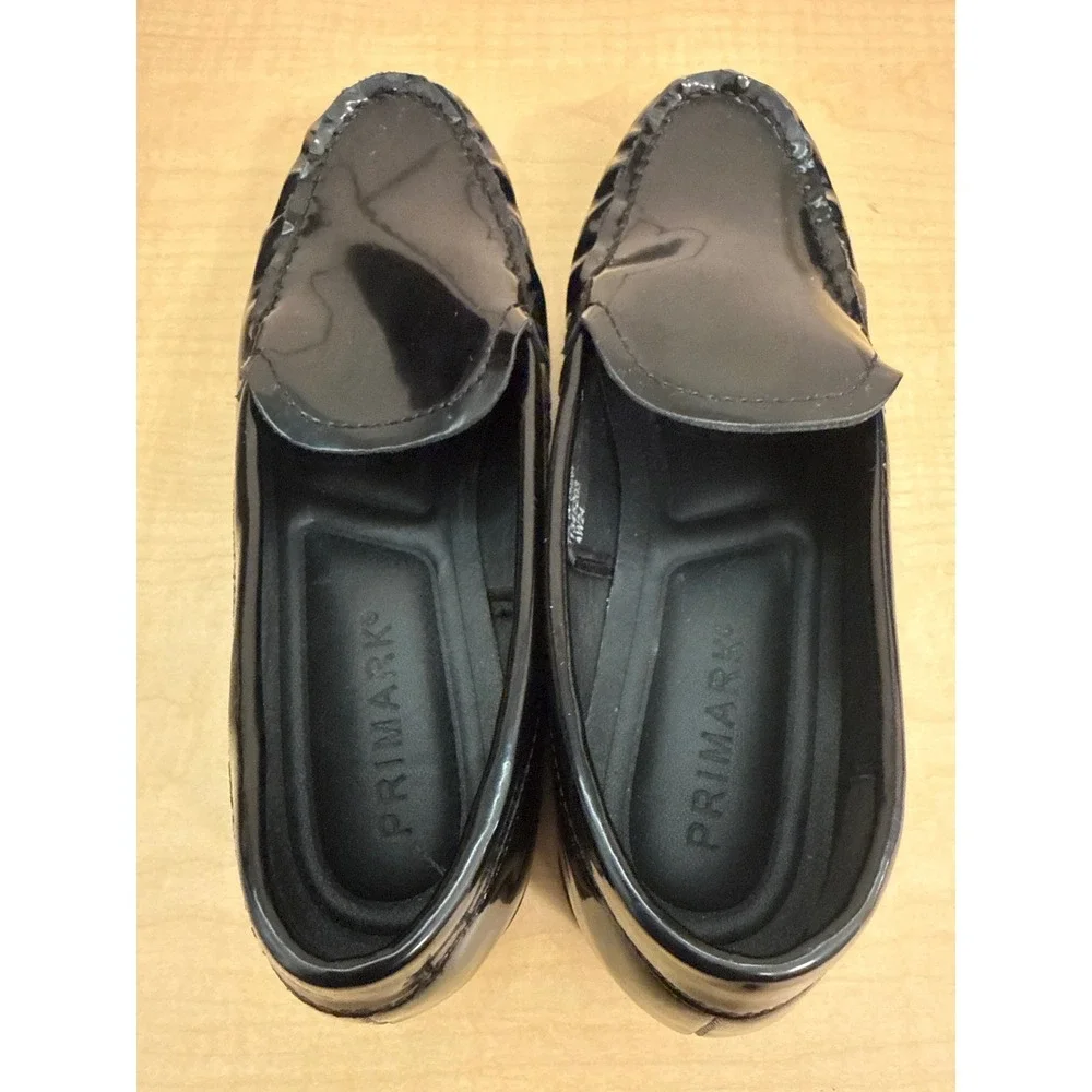 Primark Womens Black Patent Ruffle Toe Loafers Slip On Flats Size 6